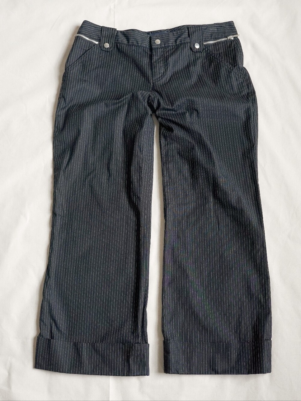 Banana Republic Martin Black Pinstripe Wide Leg Pants Size 2 Zip Pocket Y2K